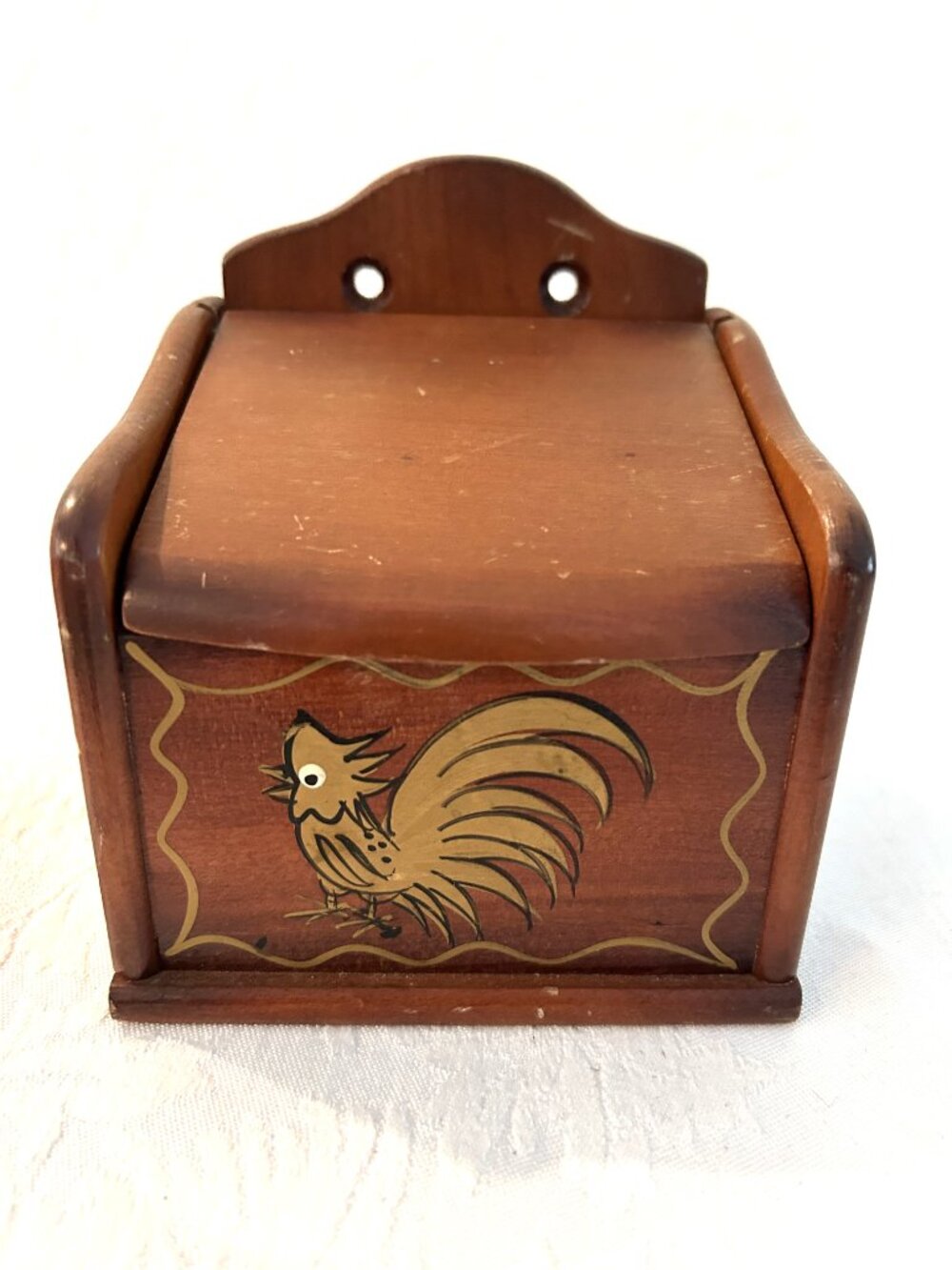 Mid-Century Wood Golden Rooster Salt Box